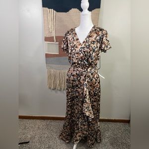 NWT Nicole Miller Flared Leopard Print Wrap Maxi Dress XS